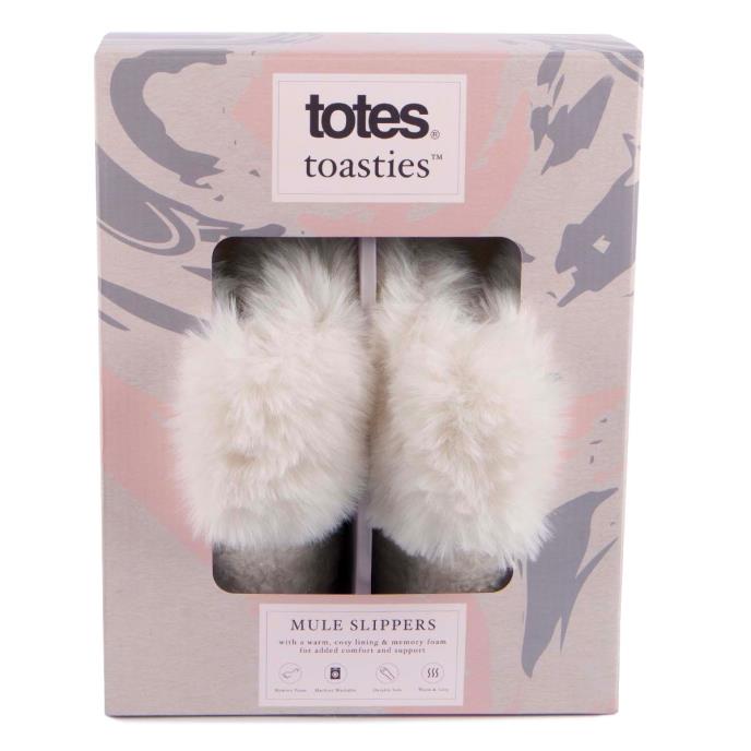 totes toasties® Ladies Textured Sparkle Faux Fur Mule Slippers Cream Extra Image 7